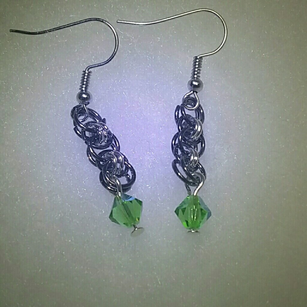 🎉🎉10/$25 Handmade chain maille woven green crystal earrings